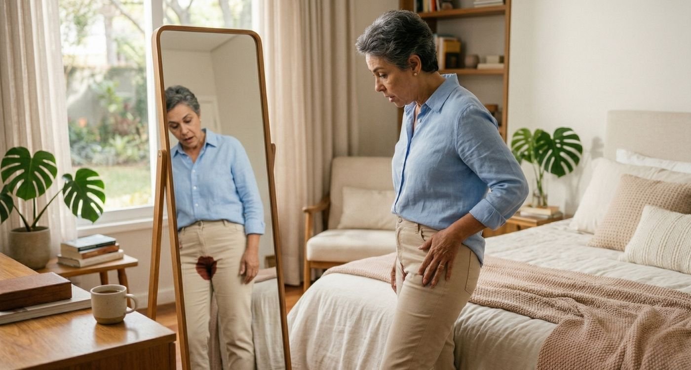 Mulher 50+ em pé, assustada após notar sangramento na menopausa, olhando no espelho em seu quarto