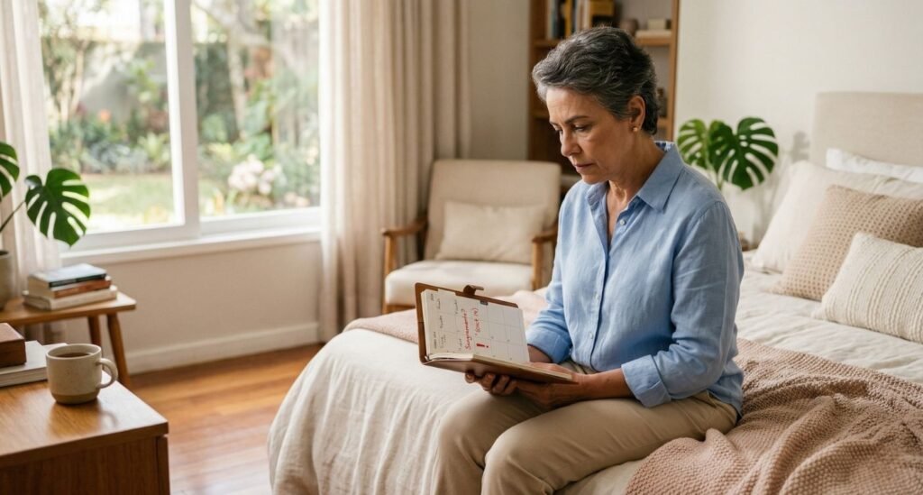 Mulher madura anotando em um calendário episódios de sangramento na menopausa para levar à consulta médica.
