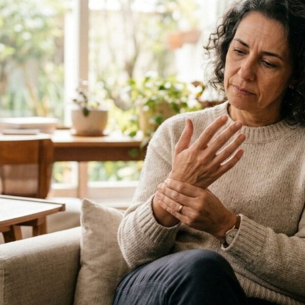 Mulher 45+ com expressão concentrada massageando o punho e a mão, representando túnel do carpo na menopausa em contexto cotidiano