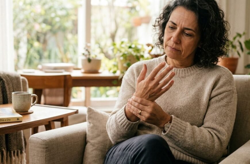 Mulher 45+ com expressão concentrada massageando o punho e a mão, representando túnel do carpo na menopausa em contexto cotidiano