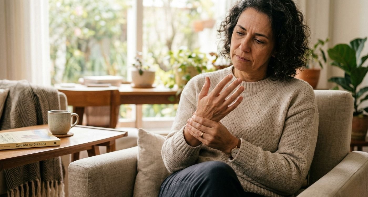 Mulher 45+ com expressão concentrada massageando o punho e a mão, representando túnel do carpo na menopausa em contexto cotidiano