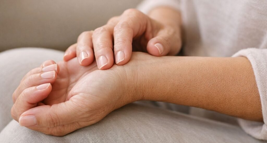 Close das mãos de uma mulher 40+ em repouso, com foco no punho, ilustrando túnel do carpo na menopausa e investigação de dormência
