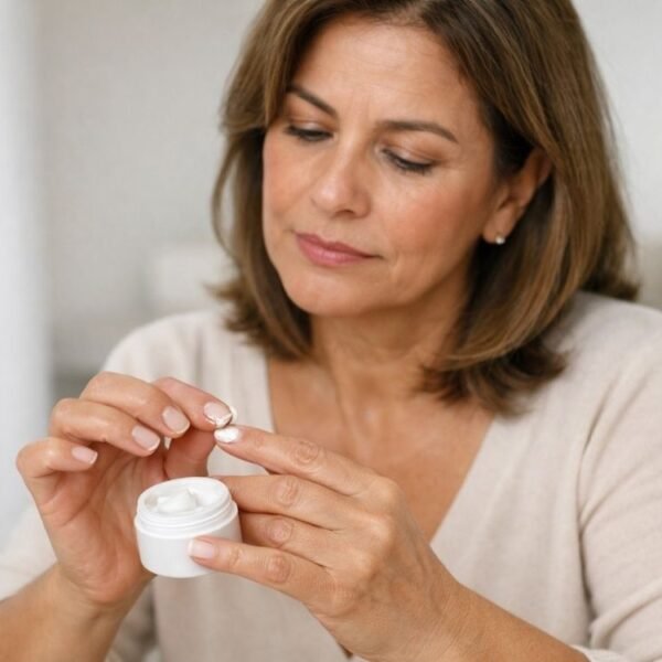 Mulher brasileira de cerca de 50 anos, sentada em ambiente claro e minimalista, observa as próprias mãos com expressão leve de preocupação enquanto aplica creme hidratante nas cutículas. O foco da imagem está nas mãos, mostrando unhas naturais com leve descamação e aspecto de fragilidade, ilustrando o tema unhas quebradiças na menopausa e a busca por cuidados simples de hidratação no dia a dia.