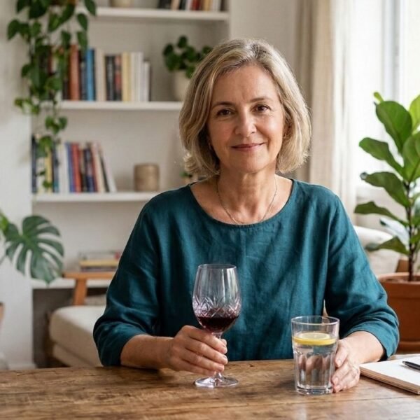 Uma mulher de meia-idade com cabelos loiros curtos e um top azul teal sorri para a câmera, sentada a uma mesa de madeira rústica em sua casa bem decorada. Ela segura uma taça de vinho tinto em uma mão e um copo de água com limão na outra, apresentando visualmente a escolha entre as duas bebidas. O fundo inclui prateleiras cheias de livros e várias plantas de interior exuberantes. Esta imagem ilustra o tema de considerar o consumo de Álcool na menopausa.