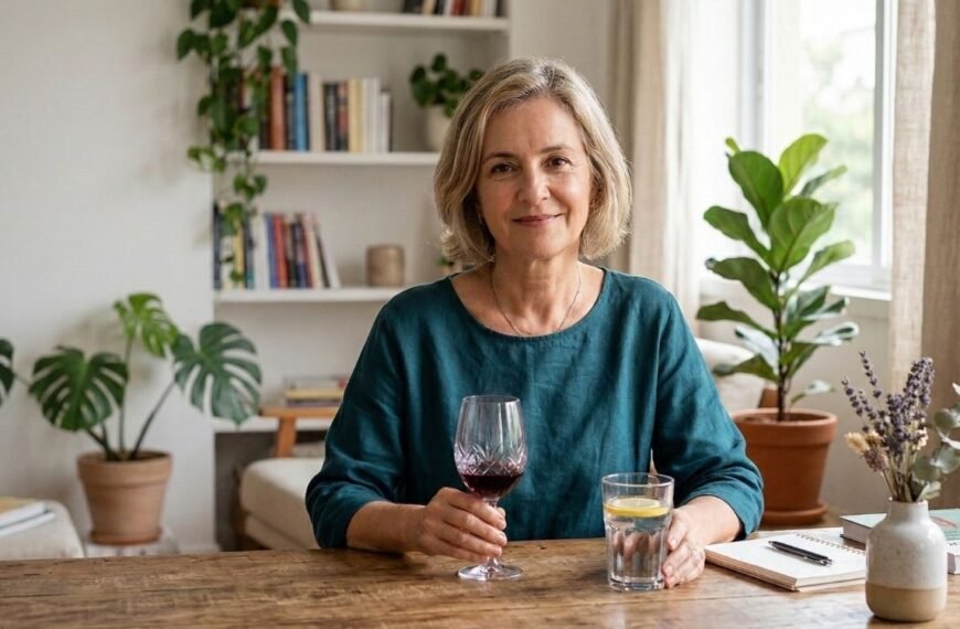 Uma mulher de meia-idade com cabelos loiros curtos e um top azul teal sorri para a câmera, sentada a uma mesa de madeira rústica em sua casa bem decorada. Ela segura uma taça de vinho tinto em uma mão e um copo de água com limão na outra, apresentando visualmente a escolha entre as duas bebidas. O fundo inclui prateleiras cheias de livros e várias plantas de interior exuberantes. Esta imagem ilustra o tema de considerar o consumo de Álcool na menopausa.