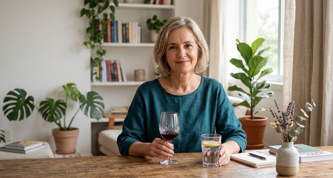 Uma mulher de meia-idade com cabelos loiros curtos e um top azul teal sorri para a câmera, sentada a uma mesa de madeira rústica em sua casa bem decorada. Ela segura uma taça de vinho tinto em uma mão e um copo de água com limão na outra, apresentando visualmente a escolha entre as duas bebidas. O fundo inclui prateleiras cheias de livros e várias plantas de interior exuberantes. Esta imagem ilustra o tema de considerar o consumo de Álcool na menopausa.