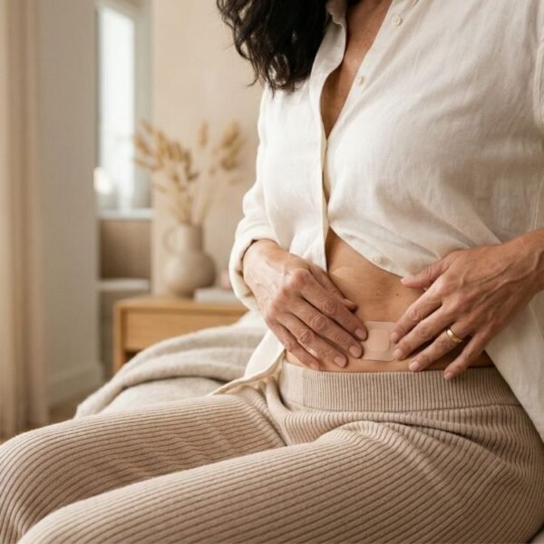 imagem de mulher sentada na cama, aplicando o adesivo hormonal na menopausa do lado esquerdo da barriga