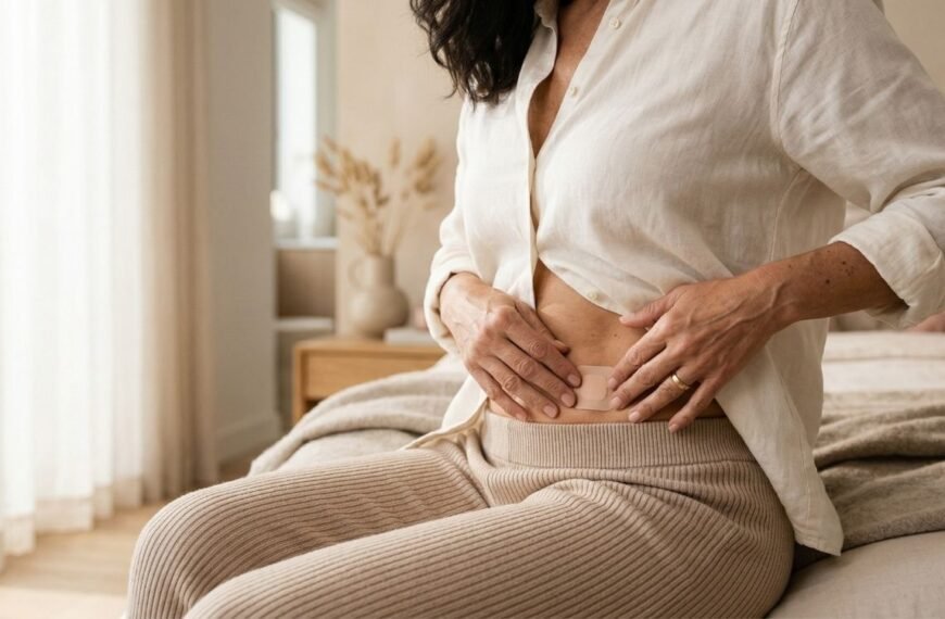 imagem de mulher sentada na cama, aplicando o adesivo hormonal na menopausa do lado esquerdo da barriga