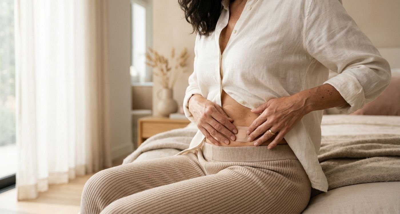 imagem de mulher sentada na cama, aplicando o adesivo hormonal na menopausa do lado esquerdo da barriga