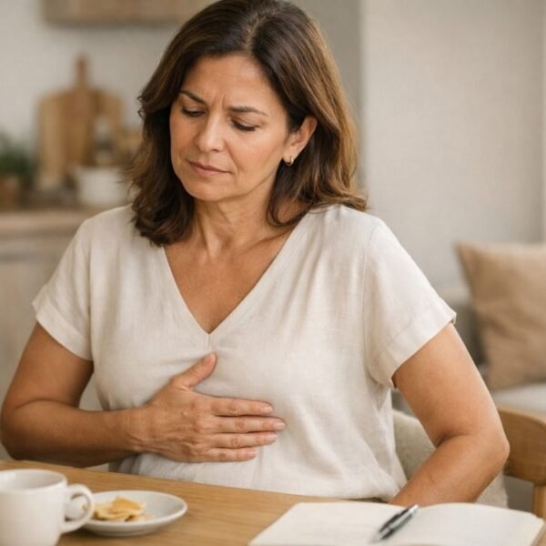 Mulher 40+ com as mãos na parte alta do abdome, ilustrando aerofagia na menopausa e sensação de barriga alta.