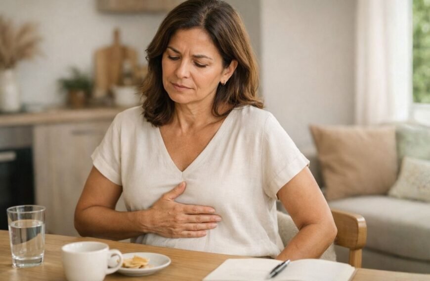 Mulher 40+ com as mãos na parte alta do abdome, ilustrando aerofagia na menopausa e sensação de barriga alta.