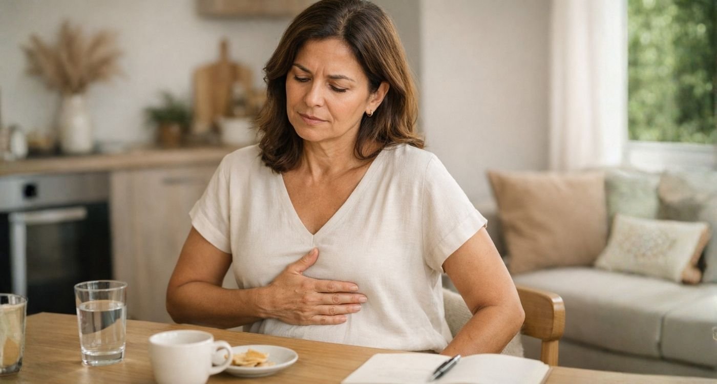 Mulher 40+ com as mãos na parte alta do abdome, ilustrando aerofagia na menopausa e sensação de barriga alta.