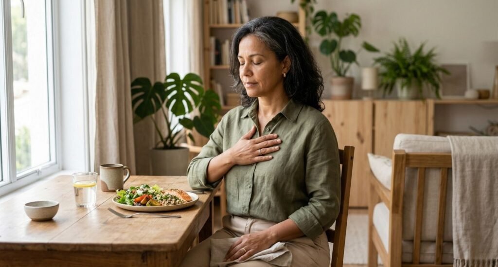 Mulher 40+ respirando com calma antes da refeição, ilustrando hábitos que ajudam na aerofagia na menopausa.