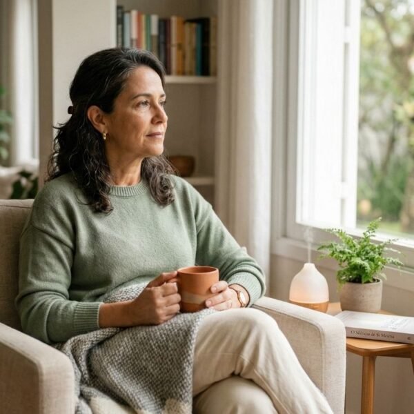 Mulher 40+ em ambiente calmo, representando autismo na menopausa e desafios sensoriais no climatério