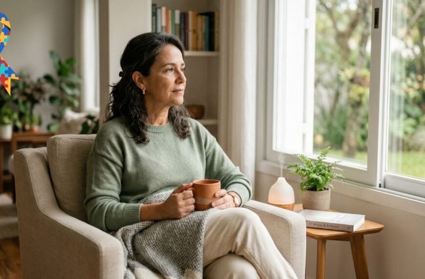 Mulher 40+ em ambiente calmo, representando autismo na menopausa e desafios sensoriais no climatério