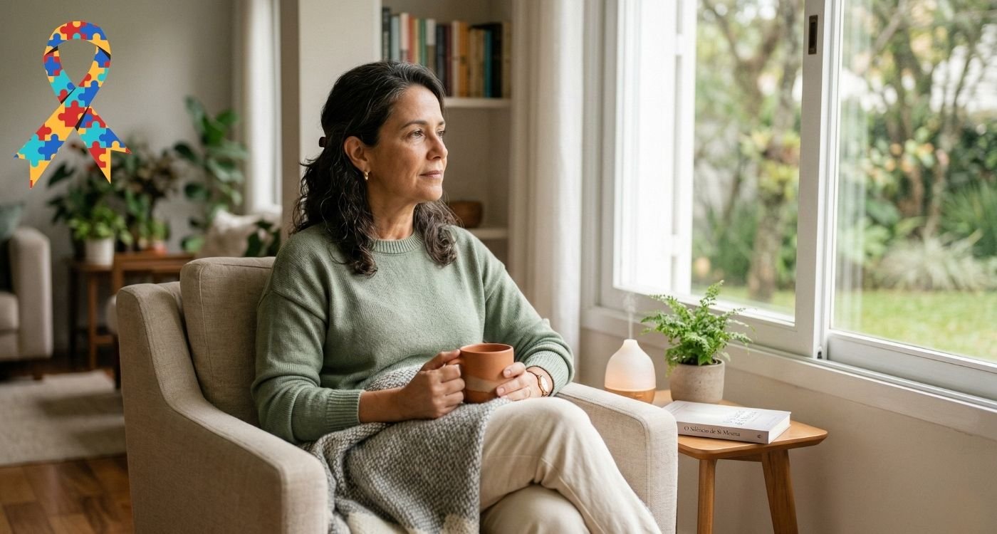Mulher 40+ em ambiente calmo, representando autismo na menopausa e desafios sensoriais no climatério