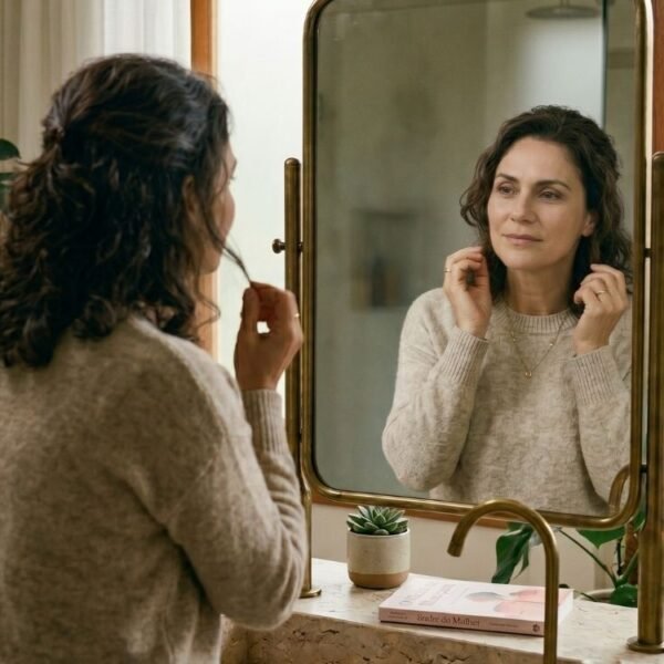 mulher 45 - 50+ se olhando no espelho e percebendo as diferenças do climatério ou menopausa na pele.