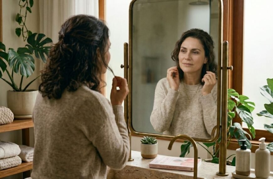 mulher 45 - 50+ se olhando no espelho e percebendo as diferenças do climatério ou menopausa na pele.