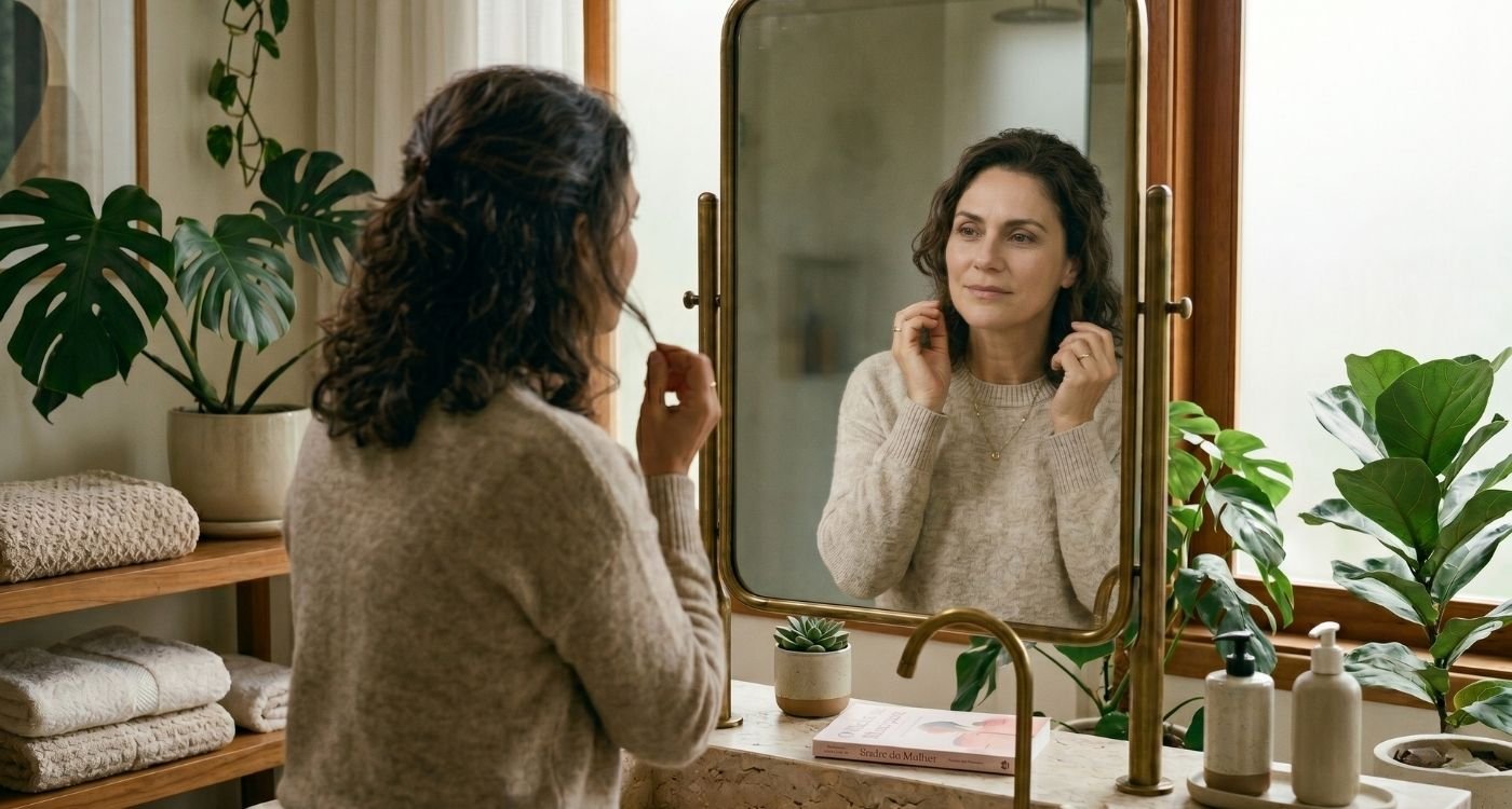 mulher 45 - 50+ se olhando no espelho e percebendo as diferenças do climatério ou menopausa na pele.