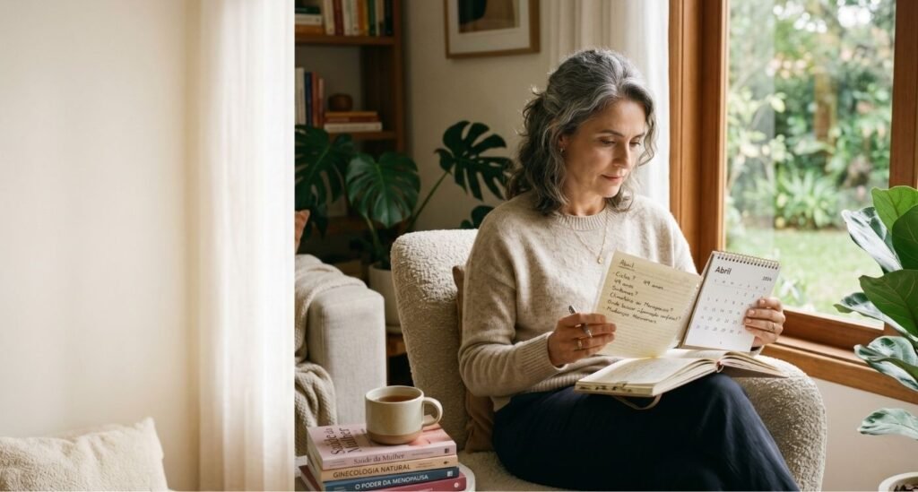 Mulher 45+ em momento de reflexão sobre climatério ou menopausa em ambiente acolhedor.