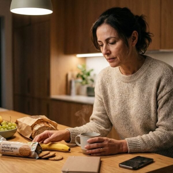 Mulher 40+ na cozinha, em momento de pausa e reflexão, representando compulsão alimentar na menopausa