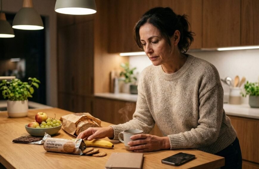 Mulher 40+ na cozinha, em momento de pausa e reflexão, representando compulsão alimentar na menopausa