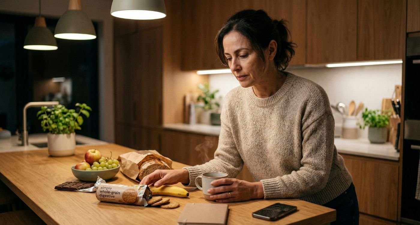 Mulher 40+ na cozinha, em momento de pausa e reflexão, representando compulsão alimentar na menopausa