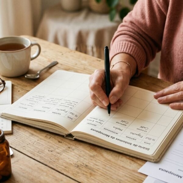 Caderno com diário de sintomas usado na consulta da menopausa, ao lado de calendário, óculos e copo d’água.