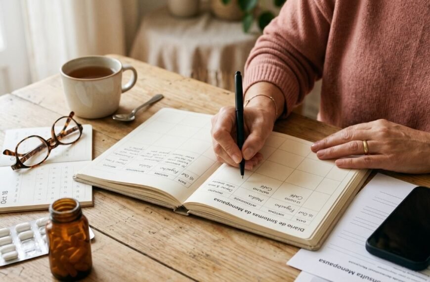 Caderno com diário de sintomas usado na consulta da menopausa, ao lado de calendário, óculos e copo d’água.
