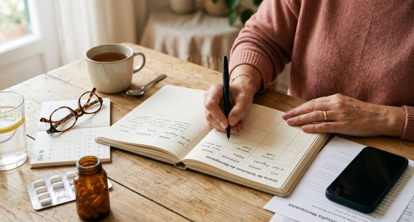 Caderno com diário de sintomas usado na consulta da menopausa, ao lado de calendário, óculos e copo d’água.