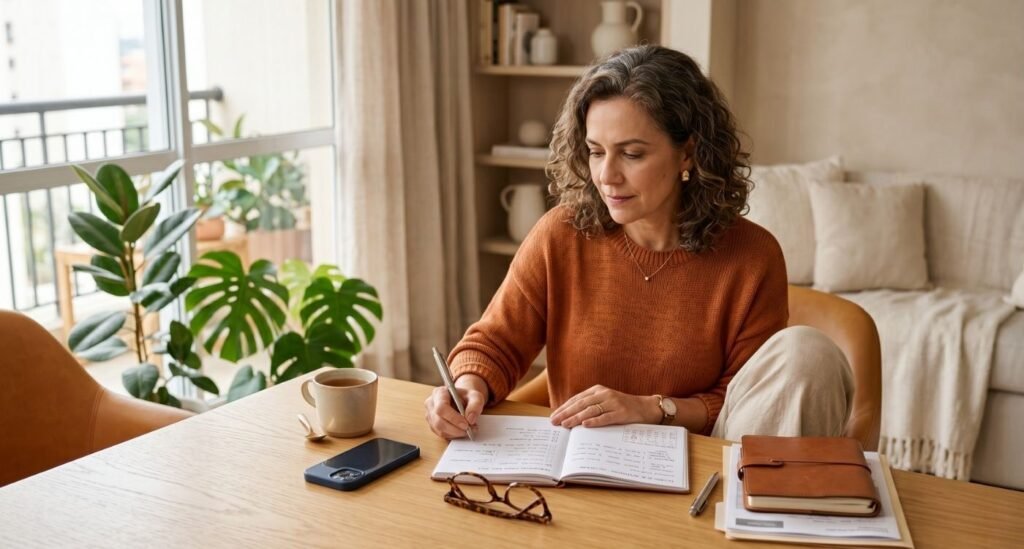 Mulher 40+ organizando anotações para a consulta da menopausa em ambiente acolhedor.
