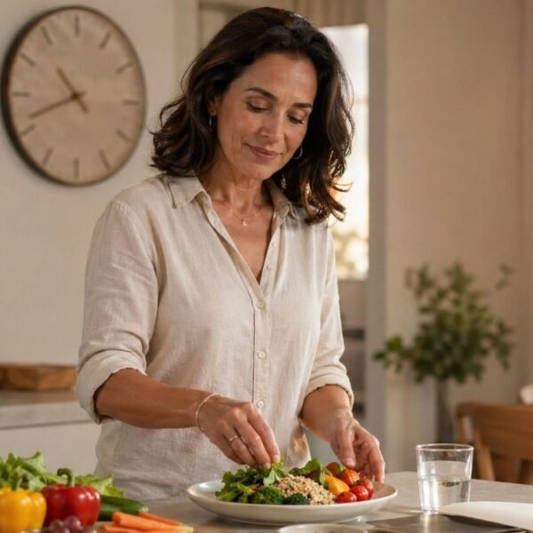 mulher 40+ preparando uma refeição leve no fim da tarde, representando crononutrição na menopausa e rotina alimentar.