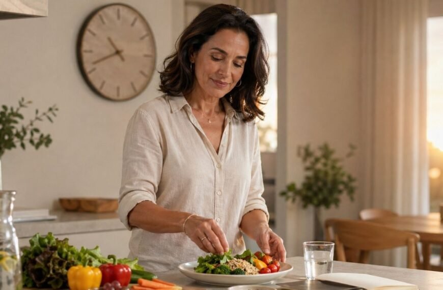 mulher 40+ preparando uma refeição leve no fim da tarde, representando crononutrição na menopausa e rotina alimentar.