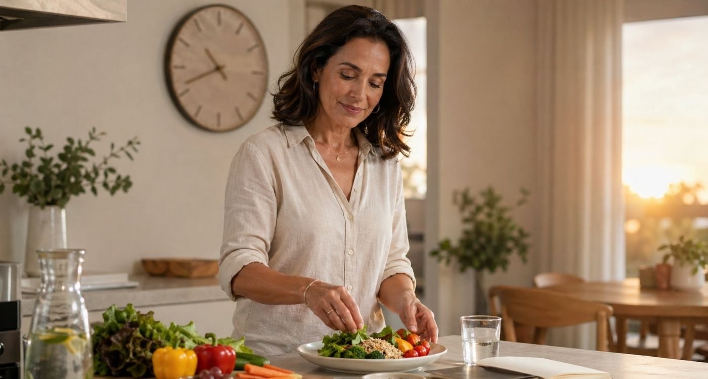 mulher 40+ preparando uma refeição leve no fim da tarde, representando crononutrição na menopausa e rotina alimentar.