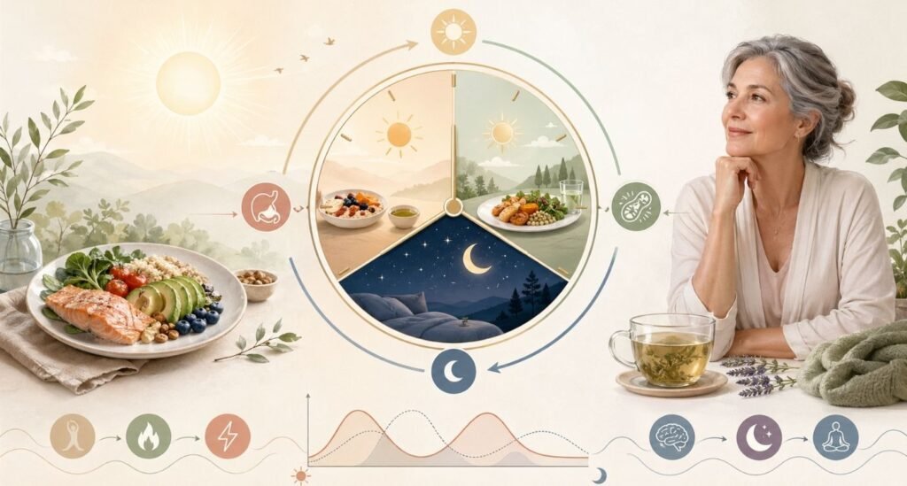 ilustração didática com relógio biológico, prato, sono e metabolismo na crononutrição na menopausa.