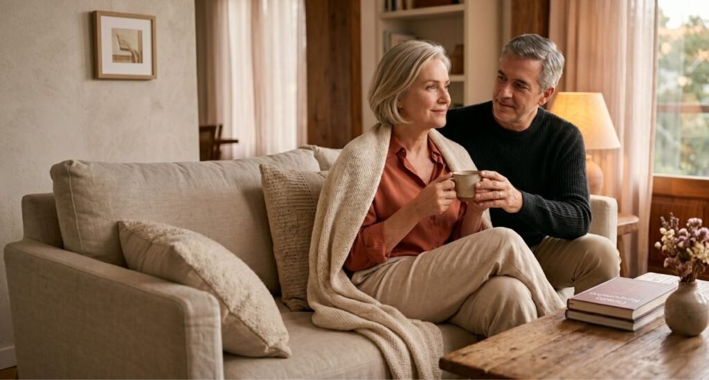 Casal em momento de intimidade e conversa, representando desejo responsivo na menopausa