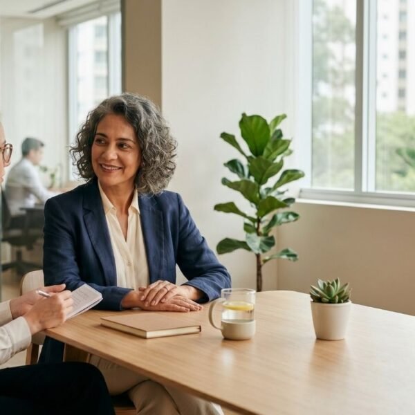 Reunião respeitosa entre mulher e liderança sobre direitos na menopausa e acolhimento profissional.