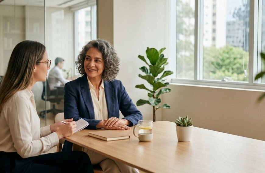 Reunião respeitosa entre mulher e liderança sobre direitos na menopausa e acolhimento profissional.