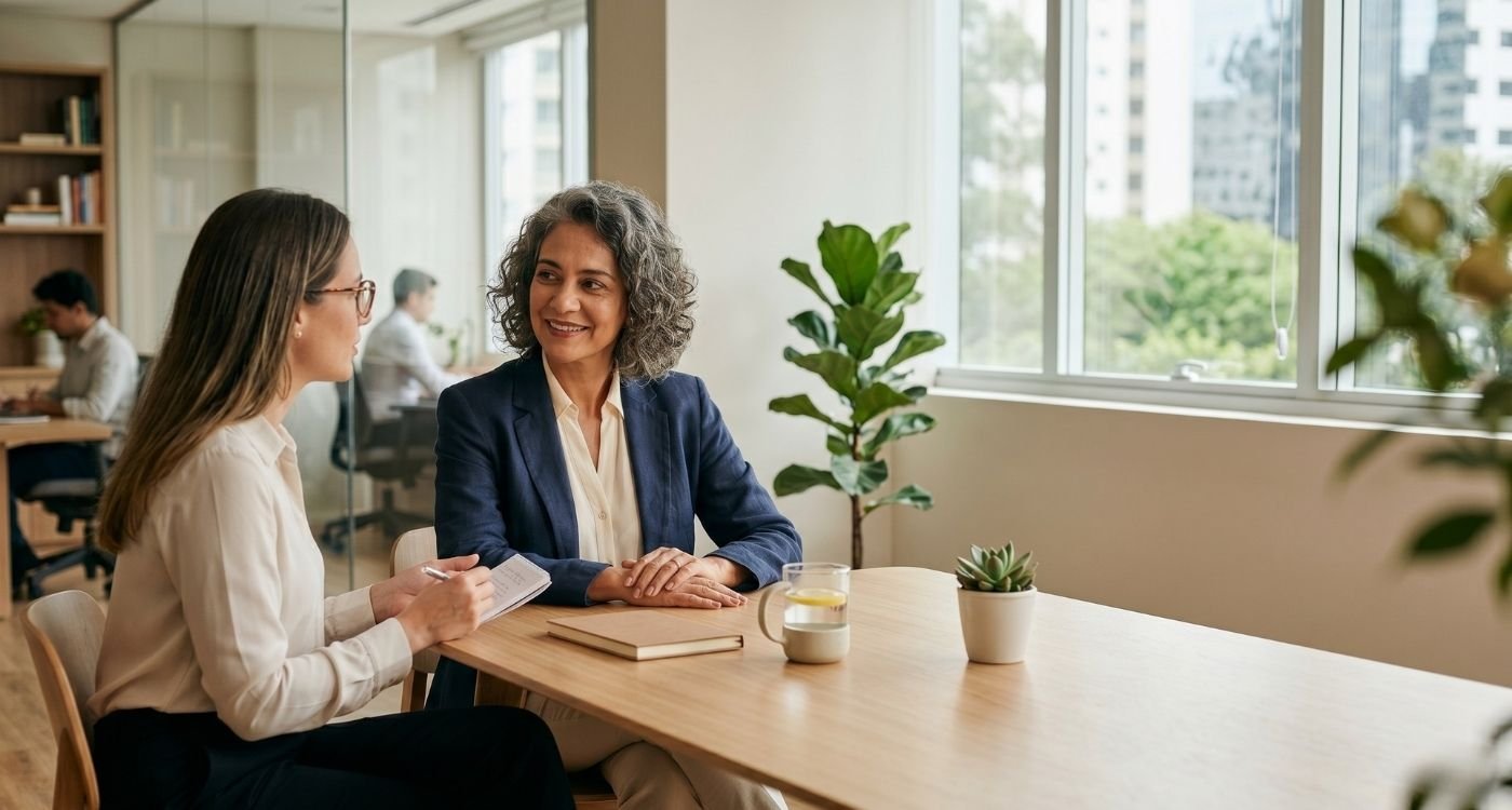 Reunião respeitosa entre mulher e liderança sobre direitos na menopausa e acolhimento profissional.