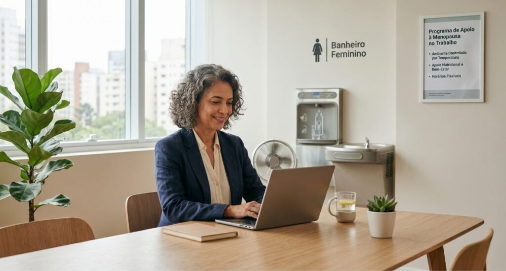  Mulher 40+ em ambiente profissional acolhedor representando direitos na menopausa no trabalho.