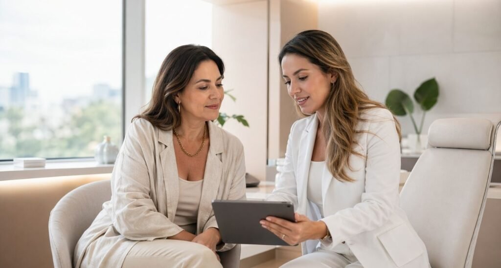 mulher 40+ em consulta com sua esteticista para entender o melhor protocolo na estética no pós-emagrecimento.