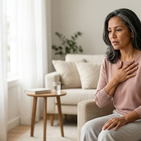 mulher 40+ com expressão de preocupação e mão no peito, ilustrando falta de ar na menopausa