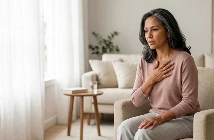 mulher 40+ com expressão de preocupação e mão no peito, ilustrando falta de ar na menopausa
