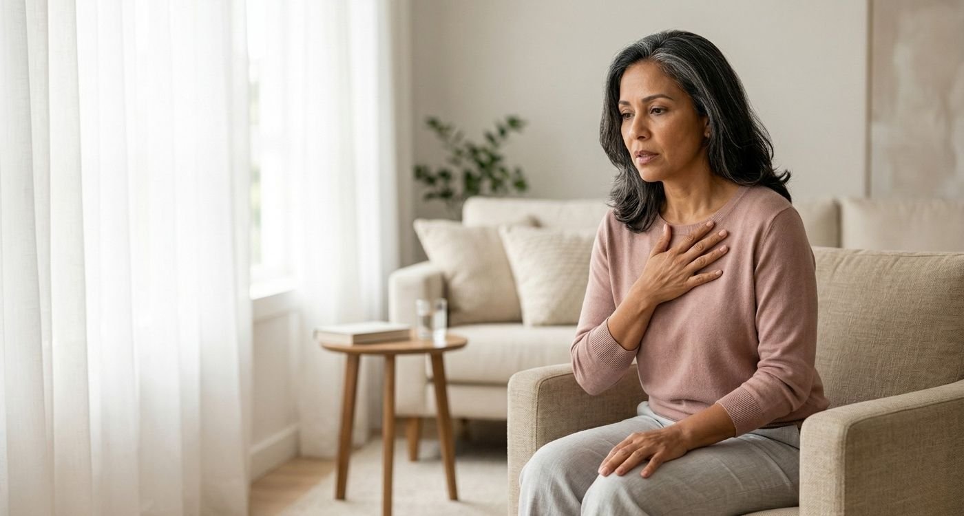 mulher 40+ com expressão de preocupação e mão no peito, ilustrando falta de ar na menopausa
