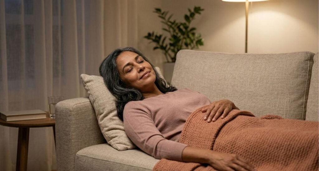 mulher deitada relaxando após episódio de falta de ar na menopausa