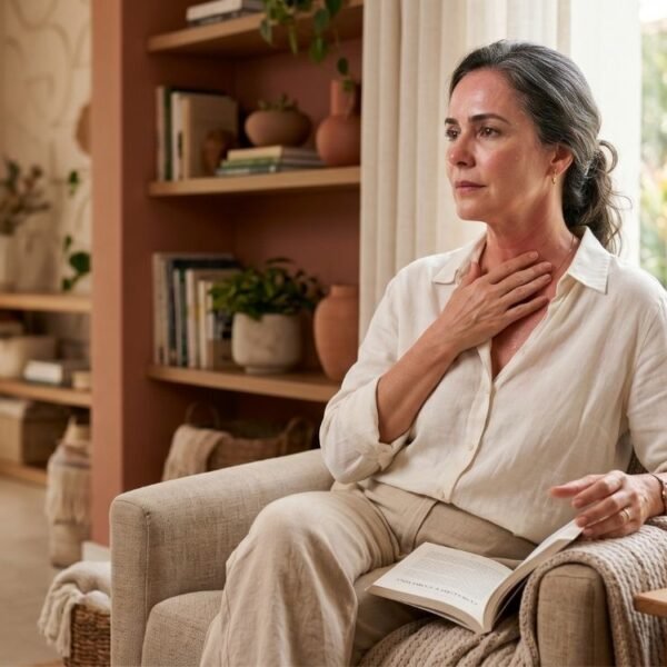 mulher 40+ percebendo fogacho intenso na menopausa enquanto observa sinais do corpo em ambiente doméstico