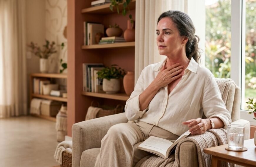 mulher 40+ percebendo fogacho intenso na menopausa enquanto observa sinais do corpo em ambiente doméstico