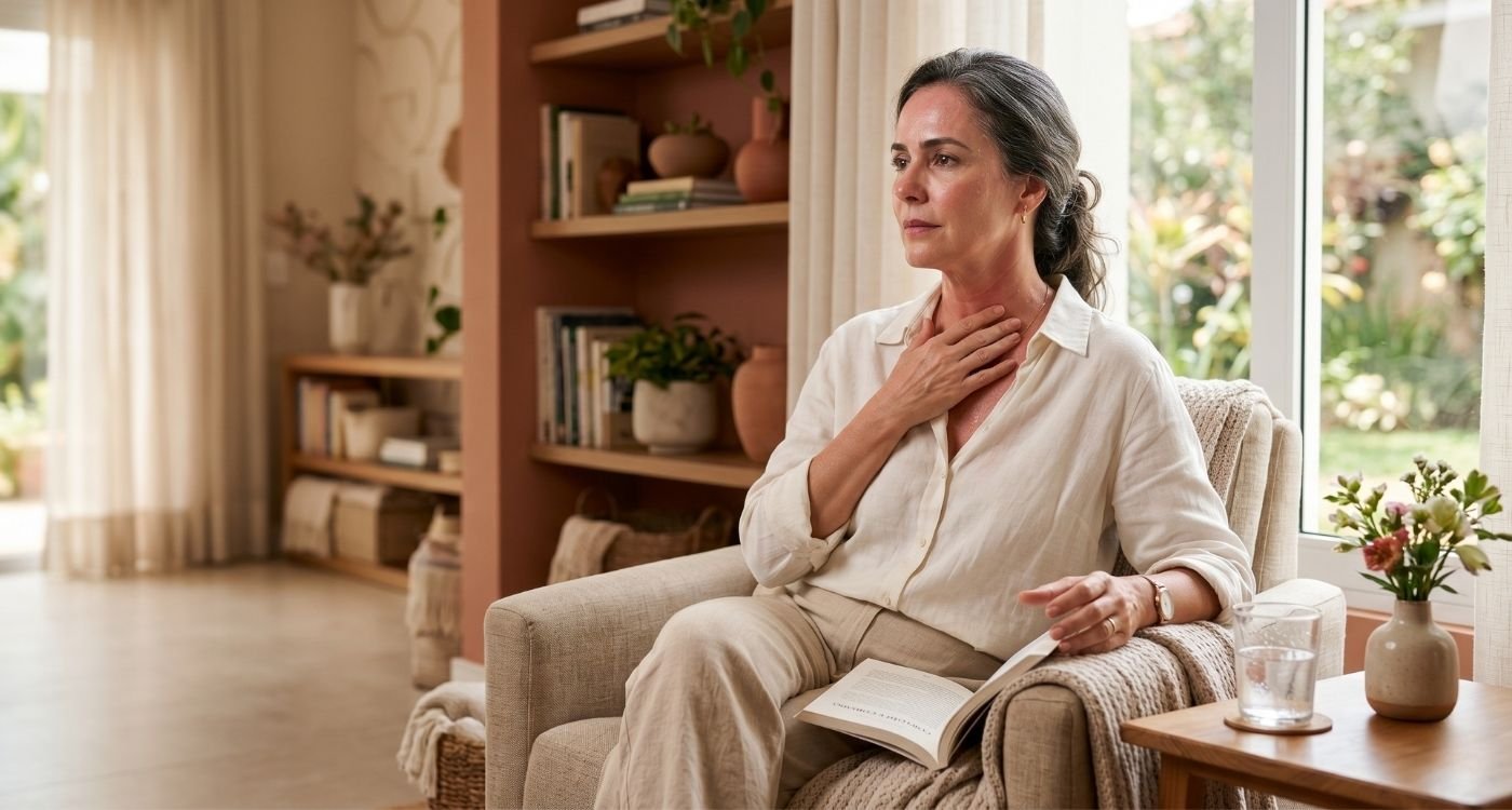 mulher 40+ percebendo fogacho intenso na menopausa enquanto observa sinais do corpo em ambiente doméstico