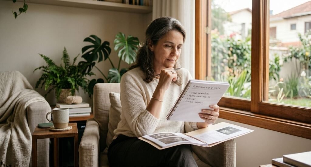 mulher montando lista de dúvidas e cuidados para sua gravidez na perimenopausa