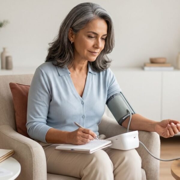 mulher 50+ medindo a pressão em casa durante a menopausa